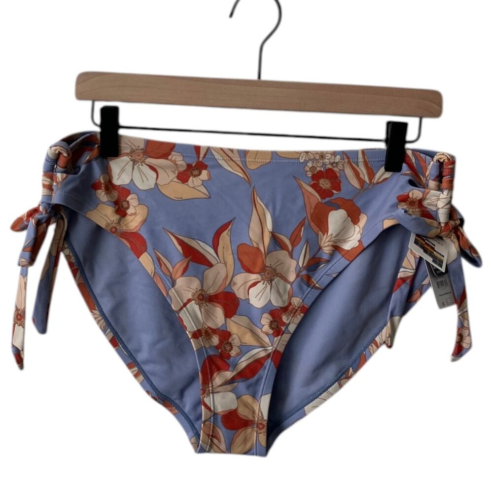 Time and Tru Blue Floral Swimsuit Mid-Rise Side Sash Bikini Brief Bottom, NWT